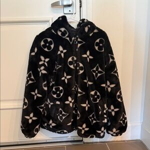 Black Faux Fur Jacket with Monogram Pattern